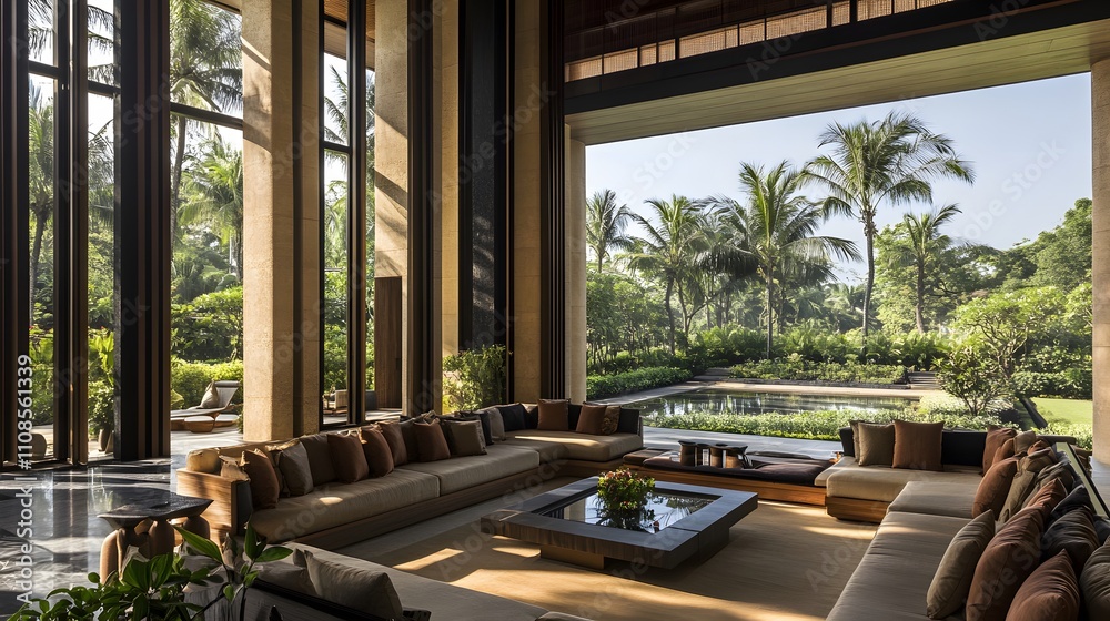 Fototapeta premium A contemporary living room with a sleek sofa, a central coffee table, and tall glass doors offering a garden view.