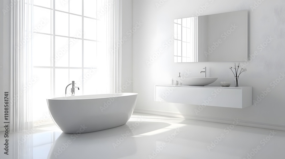 Fototapeta premium A bright and modern bathroom featuring a freestanding tub, a floating vanity, and a frameless mirror.