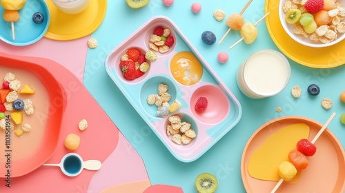 Childrenâ€™s breakfast box with colorful cereals, milk, and fruit skewers, fun and playful design, bright colors, [breakfast box], [kidsâ€™ meal] photo