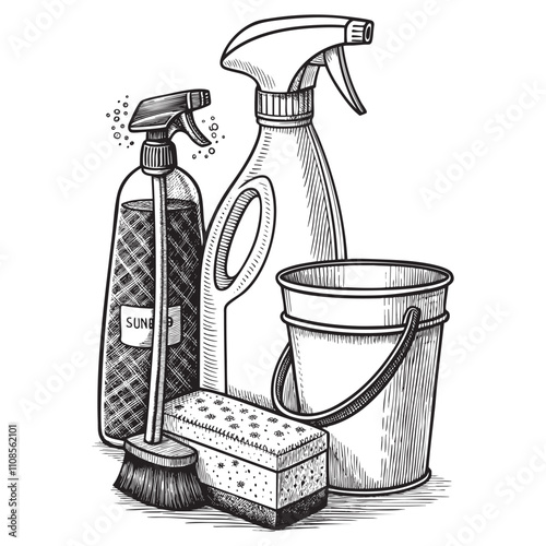 household chemicals cleaners set collection items sketch hand dawn drawing vector illustration