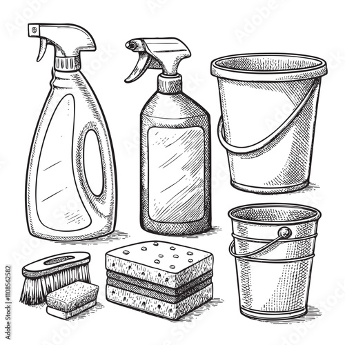 household chemicals cleaners set collection items sketch hand dawn drawing vector illustration