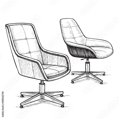 mid century office chairs  sketch hand dawn drawing vector illustration