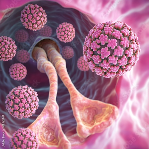 Illustration of human papillomaviruses (HPV) with a focus on their role in cervical cancer, featuring visual elements representing the virus and the uterus. photo