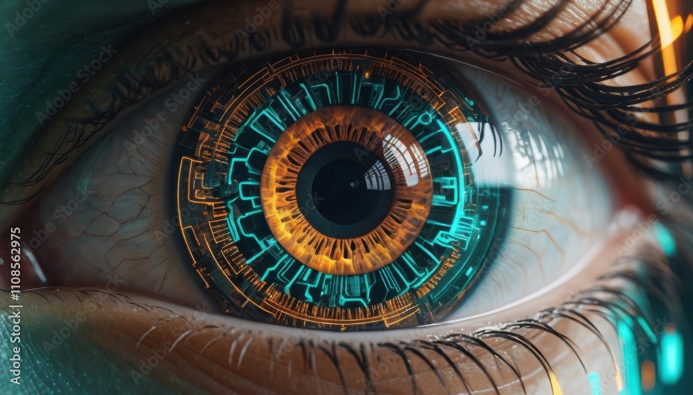 Fototapeta premium Futuristic Eye with Circuitry Digital Iris Technology Concept