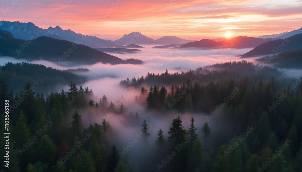 Fototapeta premium Majestic Sunrise Over Misty Forests: A Breathtaking Landscape of Trees and Mountains Illuminated by Golden Light
