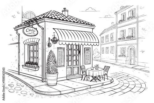 Cafe restaurant in old town Front shop with table and seat sketch hand dawn drawing vector illustration