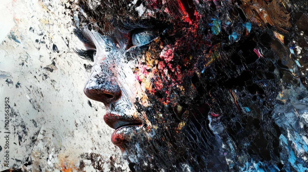 Fototapeta premium A striking abstract portrait of a woman, featuring textured paint and vibrant colors, showcasing modern expressionist art.