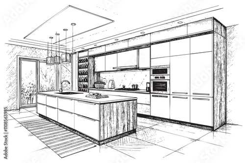 modern kitchen room sketch hand dawn drawing vector illustration