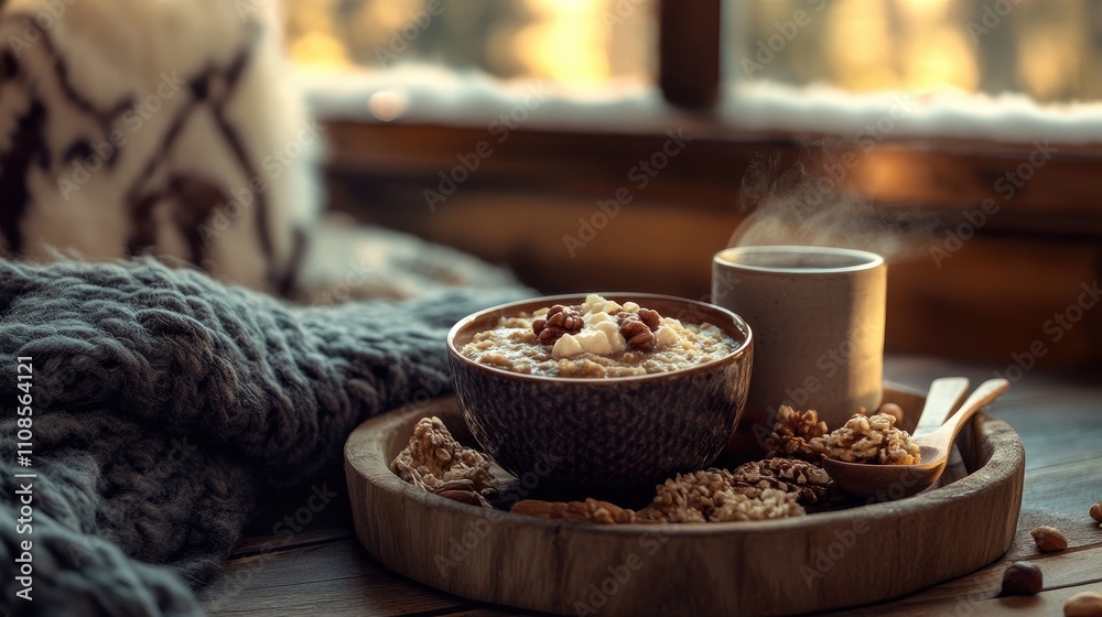 Fototapeta premium Cozy cabin breakfast box with hearty oatmeal, hot cocoa, and nuts, wooden textures, mountain retreat ambiance, [breakfast box], [cabin comfort]