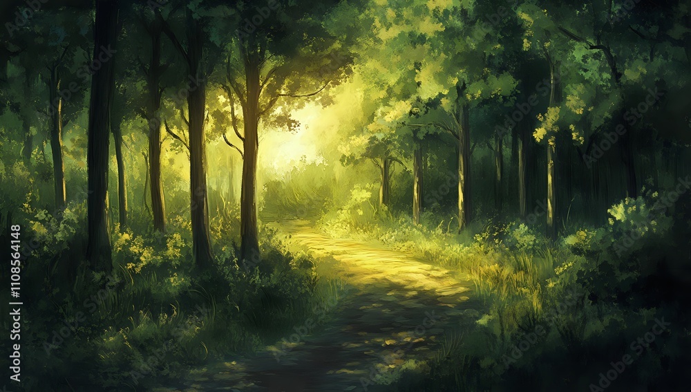 Obraz premium Sunlit Path Through an Enchanting Green Forest: A Digital Painting of Serene Nature