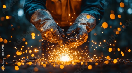 Crafting sparks in the dark with hands and glowing tools
