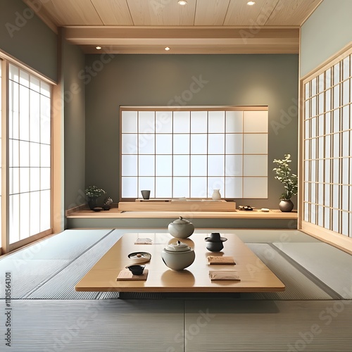 Immerse yourself in a serene Japanese interior designed for a tea ceremony retreat. photo