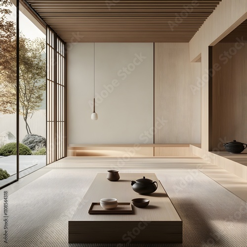 Immerse yourself in a serene Japanese interior designed for a tea ceremony retreat. photo