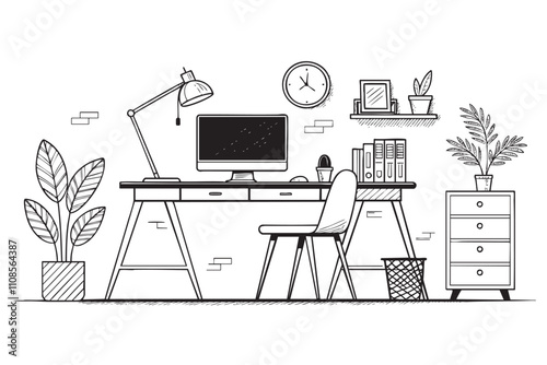 modern home studio workspace room sketch hand dawn drawing vector illustration