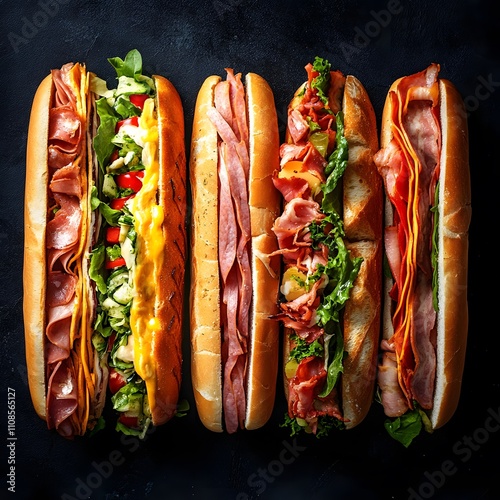 Long submarine sandwiches arranged on a dark background, showcasing their fresh ingredients and appetizing layers. photo