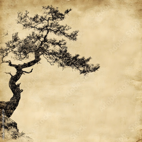 Old paper texture with a vintage look, featuring a Japanese pattern of a tree. photo