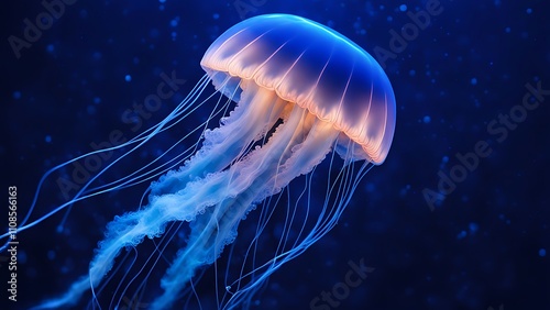 A jellyfish with a semi-transparent body, pulsating with neon-blue lights