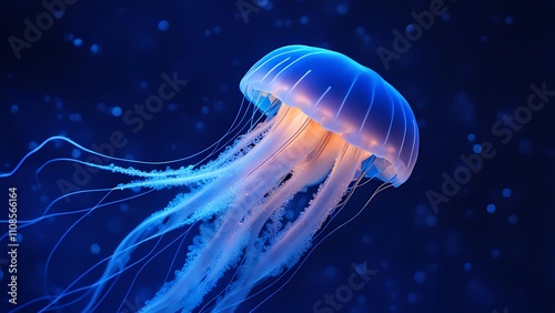 A jellyfish with a semi-transparent body, pulsating with neon-blue lights