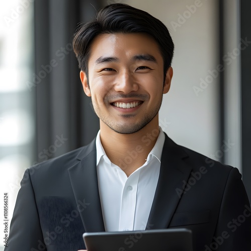 Portrait of a smiling Asian businessman holding a tablet, conveying confidence and professionalism. photo