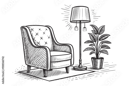 armchair and lamp and potted plant scene sketch hand dawn drawing vector illustration