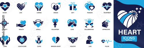  Heart icon set life, heartbeat, caring, passion, healthcare, emotional, like, charity, You can easily change the color.