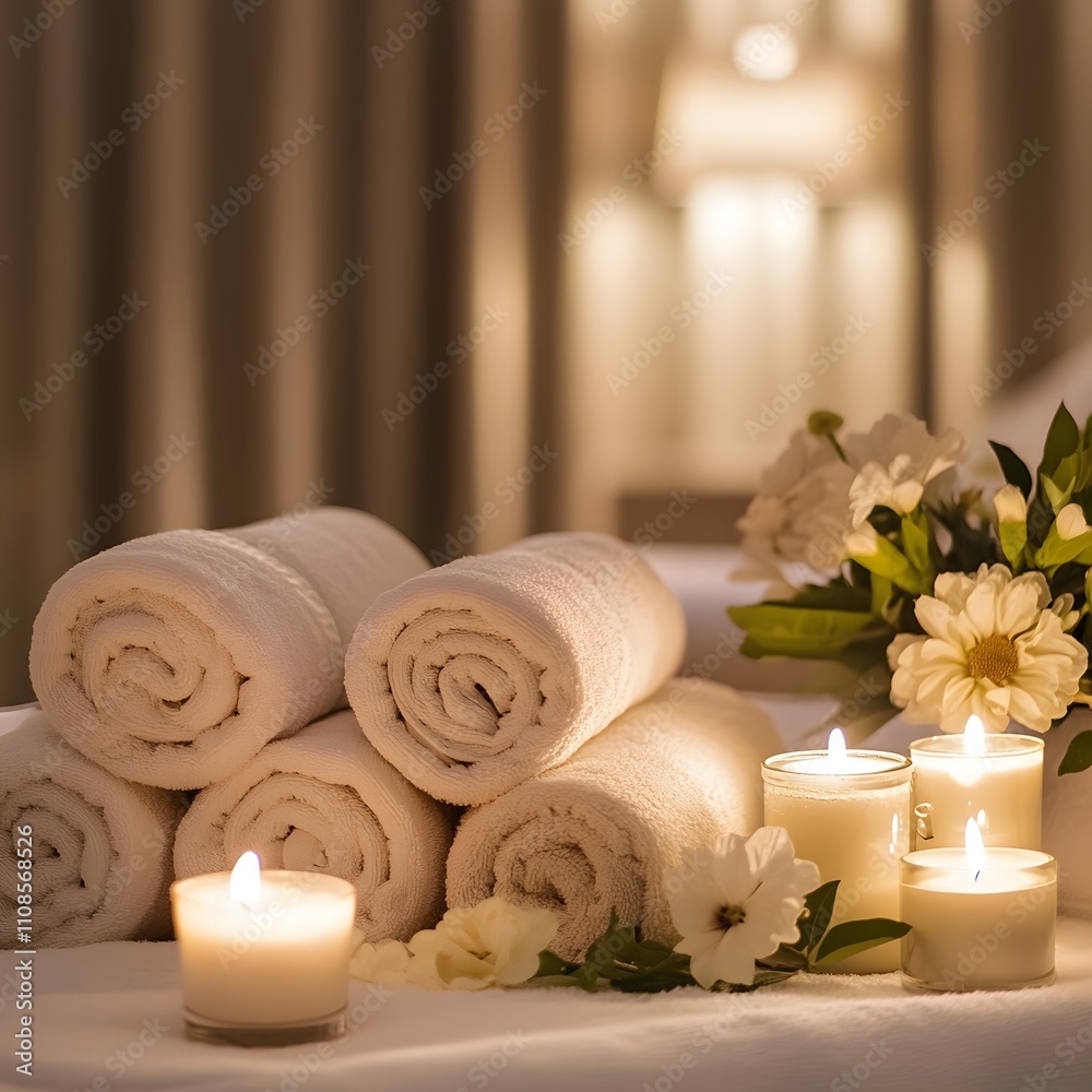 Rolled towels with candles and flowers Rolled towels with candles and flowers