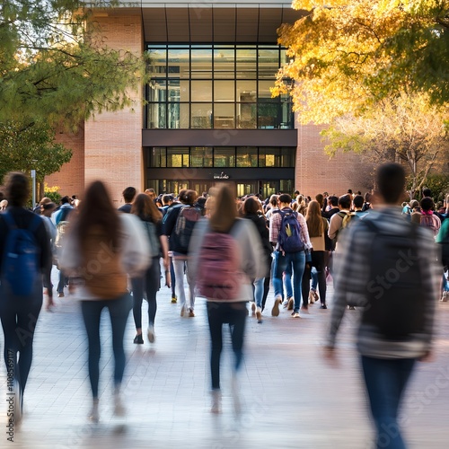 Students walking into a university or high school in the morning rush hour, with the campus bustling with arrivals.