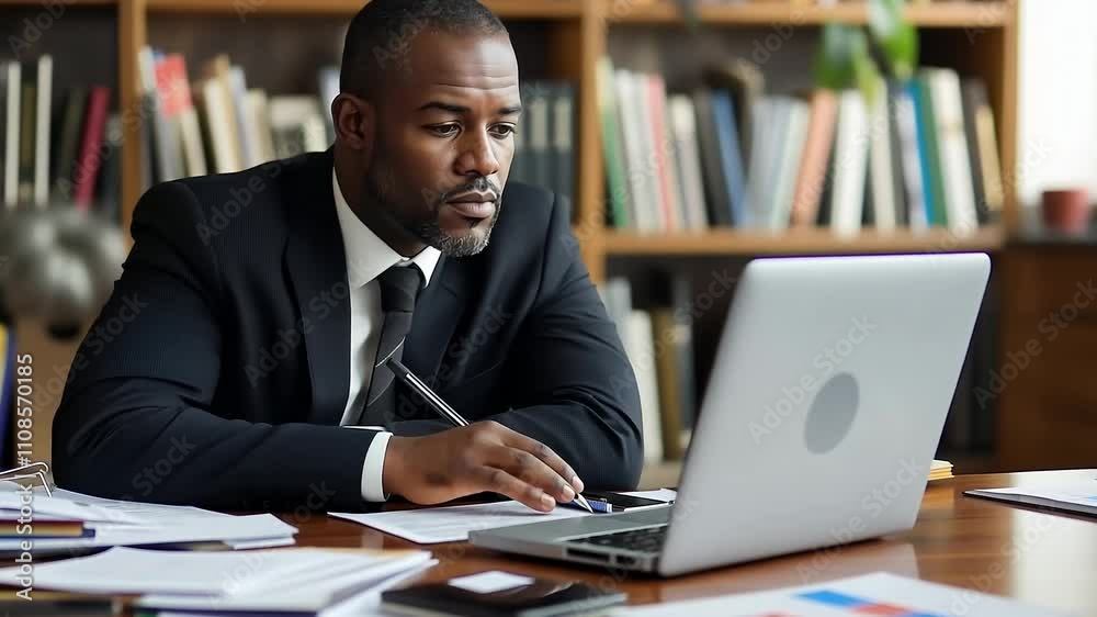 A focused individual in formal attire sits at a cluttered desk, pondering important tasks. Papers, a laptop, and office supplies surround him as he engages in deep contemplation. A focused individual in formal attire sits at a cluttered desk, pondering important tasks. Papers, a laptop, and office supplies surround him as he engages in deep contemplation.