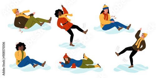 People slipping and sliding on ice while enjoying winter activities in a snowy landscape