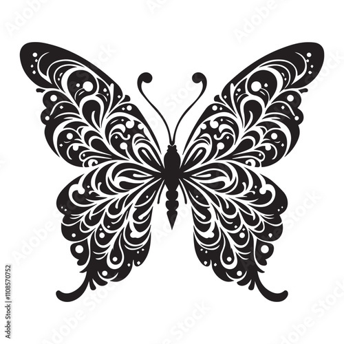 Butterfly in bohemian black and white silhouette illustration, butterfly silhouette in bohemian, boho, nature illustration on white background, Black and white butterfly set in boho style