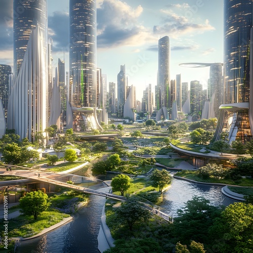 Urban Evolution showcases a cityscape with futuristic architecture and expansive green spaces, symbolizing the growth and development of urban environments. photo