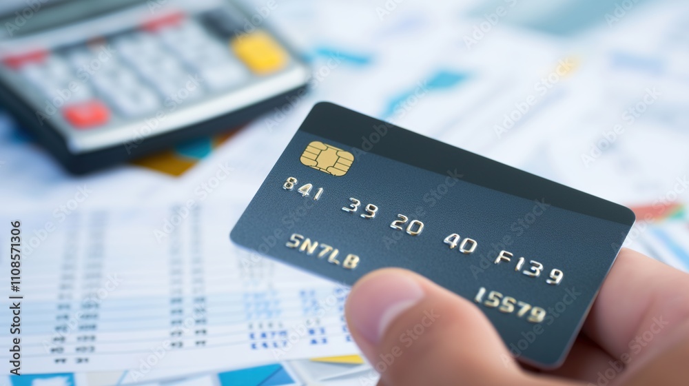 Close-up of a hand holding a credit card with a financial statement and calculator in the background. Financial management, personal financial management,investment,consumer concepts, debt management Close-up of a hand holding a credit card with a financial statement and calculator in the background. Financial management, personal financial management,investment,consumer concepts, debt management