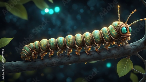 A caterpillar with a metallic exoskeleton crawling on a branch with glowing digital patterns