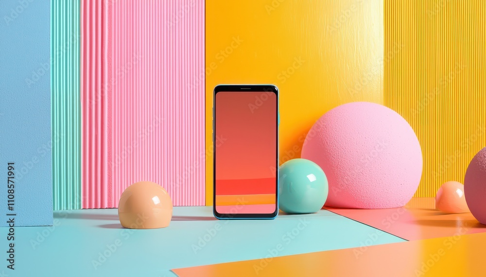 Vibrant tech display featuring smartphone in a lively, colorful environment. Vibrant tech display featuring smartphone in a lively, colorful environment.
