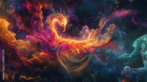 Artistic depiction of a mythical phoenix rebirth among vibrant cosmic embers. Immortal. Illustration