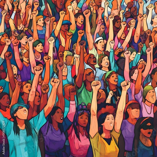 A sea of diverse protestors raises their hands in unity, illustrating a powerful moment of collective action. photo