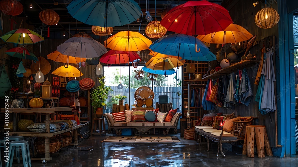 Naklejka premium Umbrella Oasis: Vibrant umbrellas standing in a cozy home decor shop 