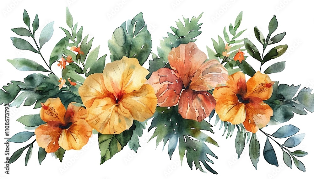 Fototapeta premium Watercolor of Tropical spring floral green leaves and flowers elements isolated on transparent 