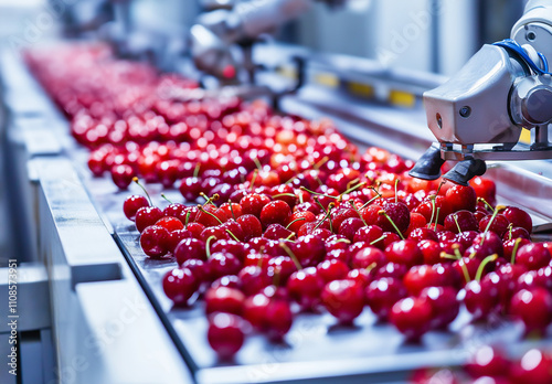 Fresh red cherries move along a conveyor belt, being sorted by robotic arms in a food processing facility. The photo has been tagged 