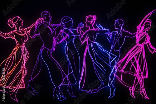 Neon outlines of people dancing in formal attire at black tie gala event.