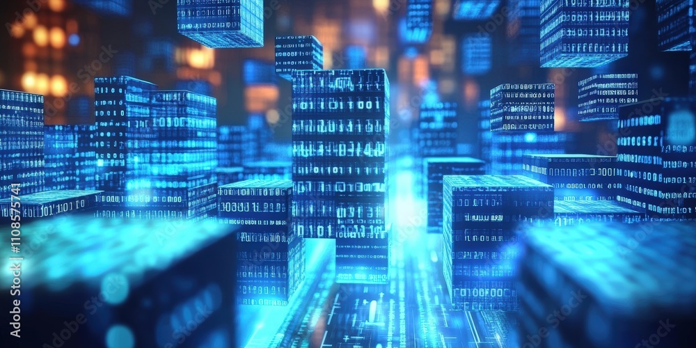 Fototapeta premium 3D Blocks of Binary Code Floating in the Air with High-Tech Digital Elements Emphasizing Technology and Innovation Concepts