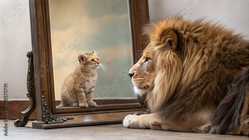 Lion gazes at mirror reflecting small kitten in a thoughtful moment