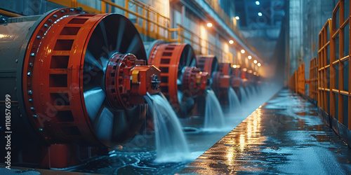 Close-Up View of Water Turbine Inside Hydro Electric Generator Highlighting Hydraulic Power Management and Water Resource Security Measures

