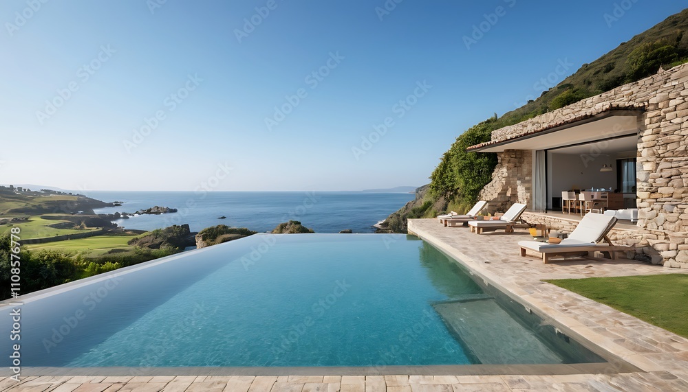 Obraz premium a pool with a house and a pool with a view of the ocean.