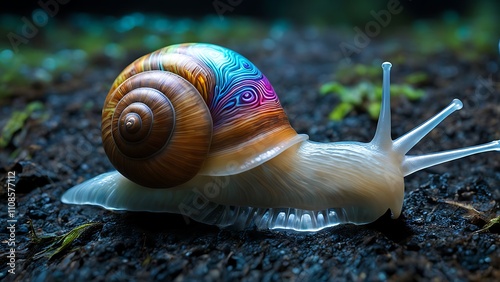 A snail with a glass-like shell displaying colorful digital patterns as it crawls along a bioluminescent trail. photo