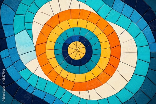 A colorful mosaic featuring concentric circles in shades of blue, orange, and yellow, creating a vibrant, eye-catching design. photo