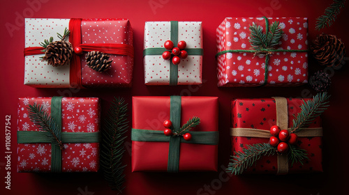 Festive Holiday Gifts Wrapped in Elegant Red and White Paper