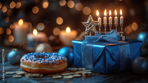 Festive Hanukkah Decor with Menorah and Dreidels in a Bright Scene