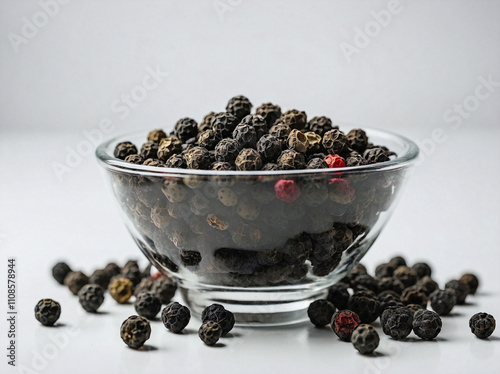 A small, transparent glass bowl filled with whole black peppercorns, placed centrally on a pure white background. photo