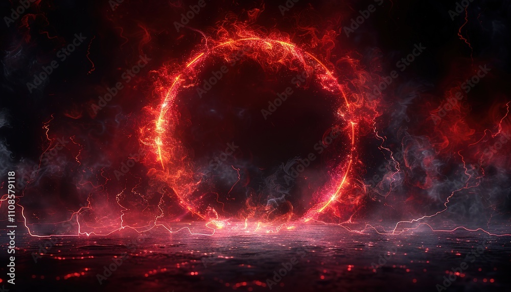 Obraz premium red abstract circle plasma lightning particle effect, 